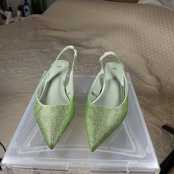 Zara Shoes - ZARA green rhinestone kitten, heel sling backs size 40